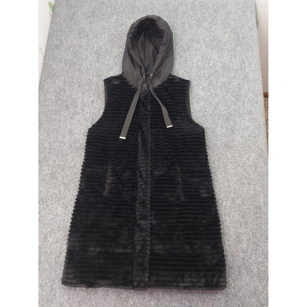 Karl Lagerfeld Puffer Down Vest‎ Womens Large Black Faux Fur Hooded Long
